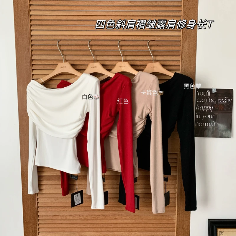 Bomon Korean Y2K Sexy Oblique Shoulder Spice Girl T-shirt New Fall Off-the-shoulder Slim Pleated Irregular Long Sleeve Top