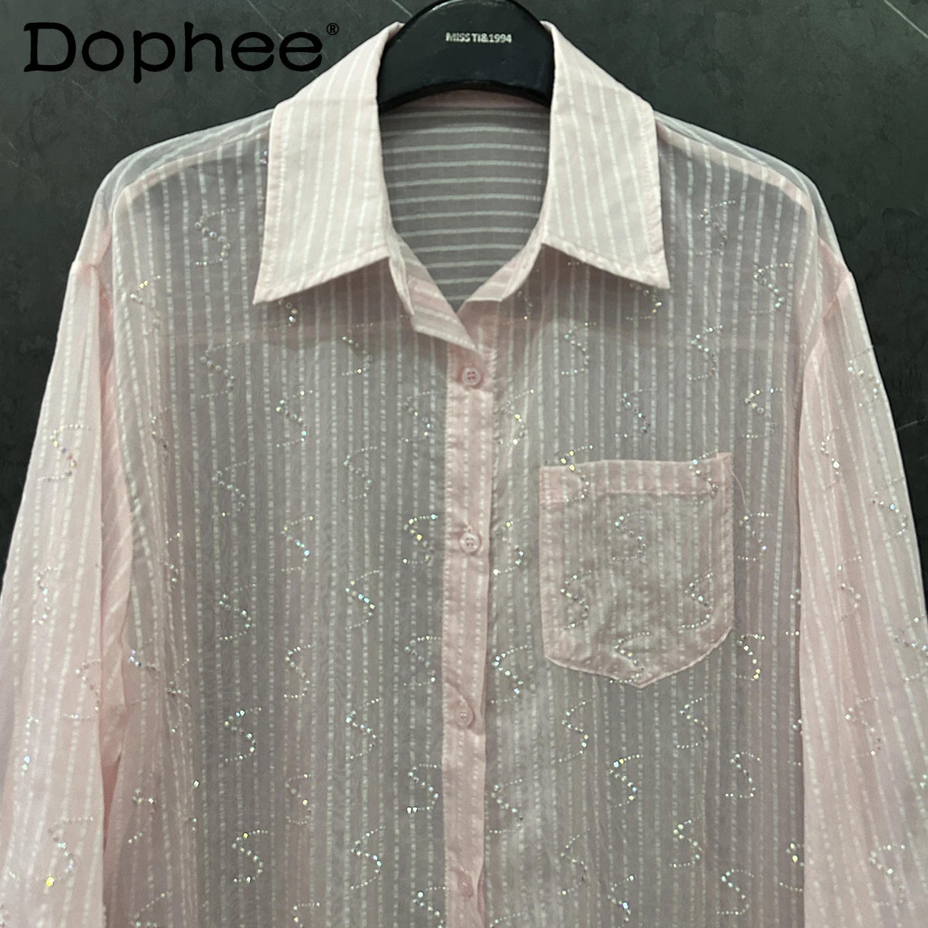 2025 Summer New Hot Diamond Letter Thin Long-sleeved Shirt Women's Loose Casual Style Versatile Sunscreen Shirt Top