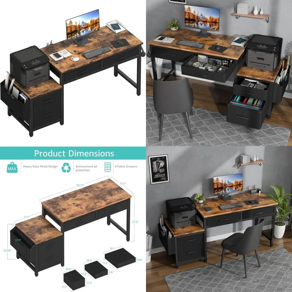 مكتب منزلي مقاس 57 بوصة مع خزانة أدراج ملفات قماشية، وحامل طابعة خزانة الملفات للمساحات الصغيرة #1