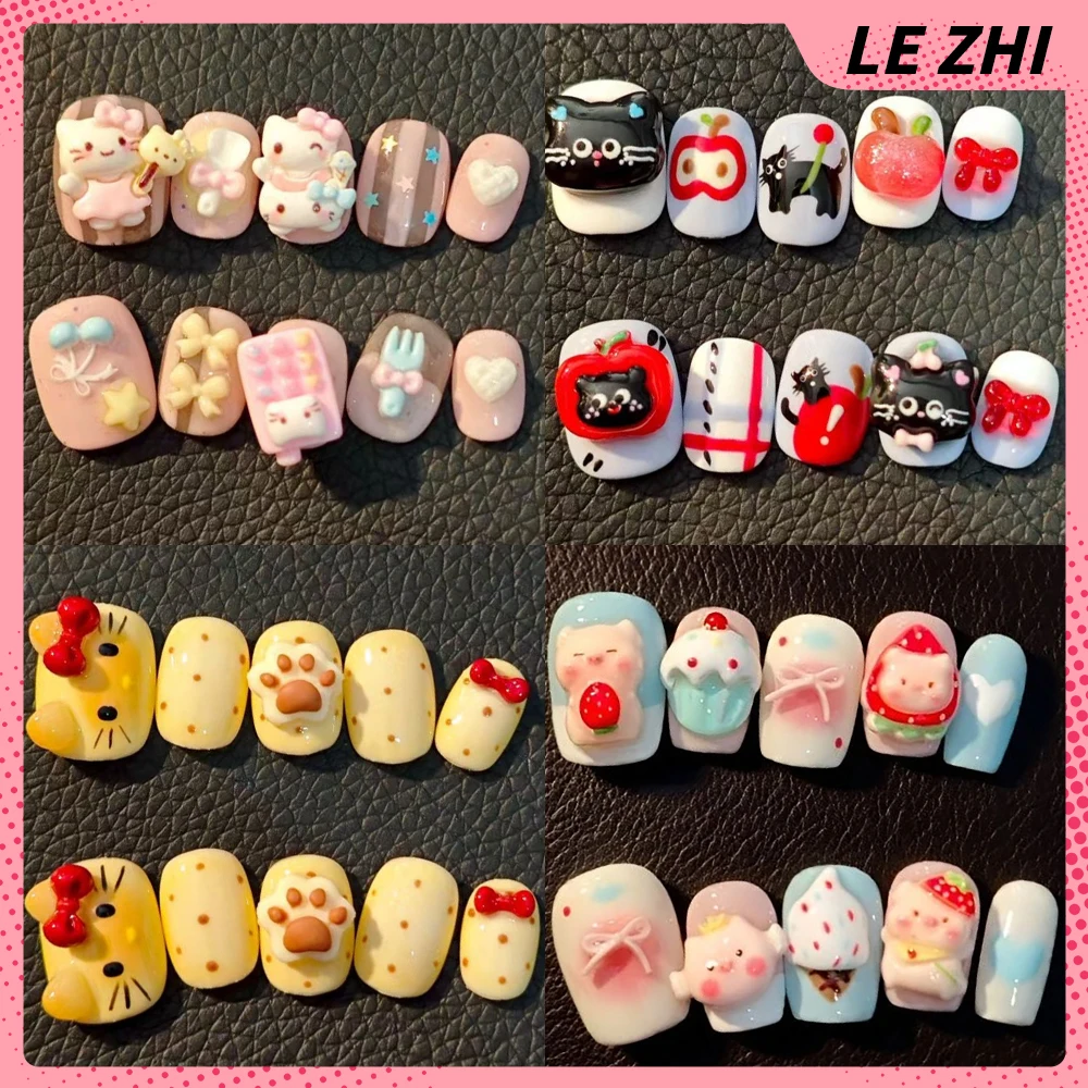 

10Pcs 3D Cartoon Hello Kitty Short Handmade Reusable Full Cover Nails Cute Animals Pig Cat Rabbits Bread Fruits Press On Nails