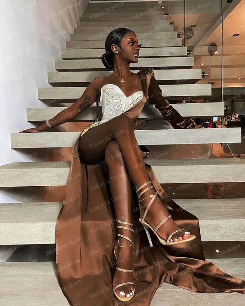 Sexy Black Girl Elegant Long Prom Dresses One Shoulder Satin High Split Women Formal Occasion Evening Party Gowns Custom Made