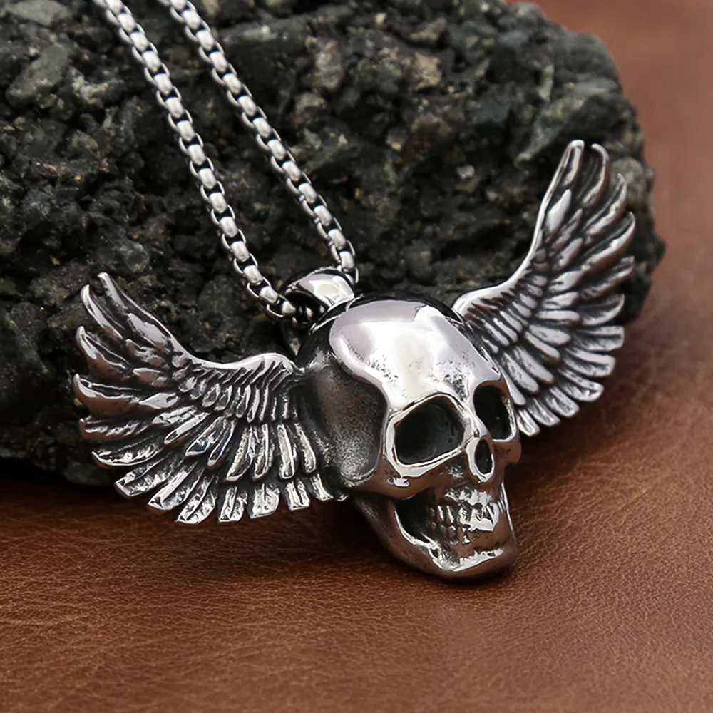 

Stainless Steel Gothic Fallen Angel Wings Skull Pendant Unique Design Men's Skeleton Necklace Punk Hip Hop Jewelry Never Fading