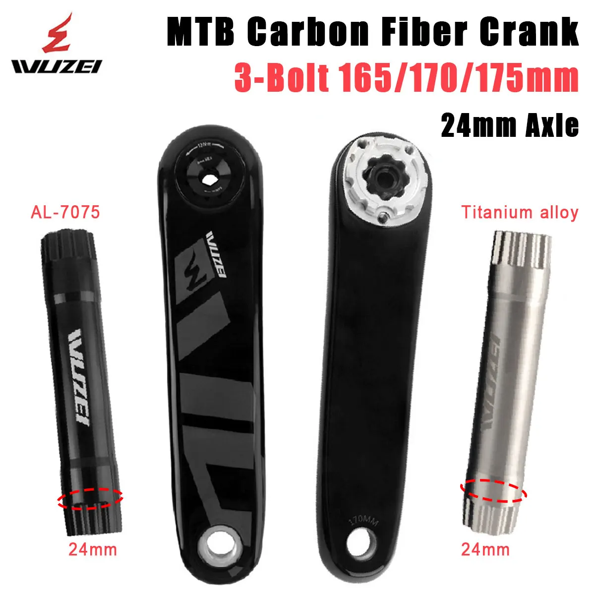 WUZEI MTB Carbonfaser-Kurbelgarnitur 165 170 175mm Mountainbike-Kurbelsatz 24mm Ti AL-7075 Achse 3-Loch Fahrradkurbel für Shimano
