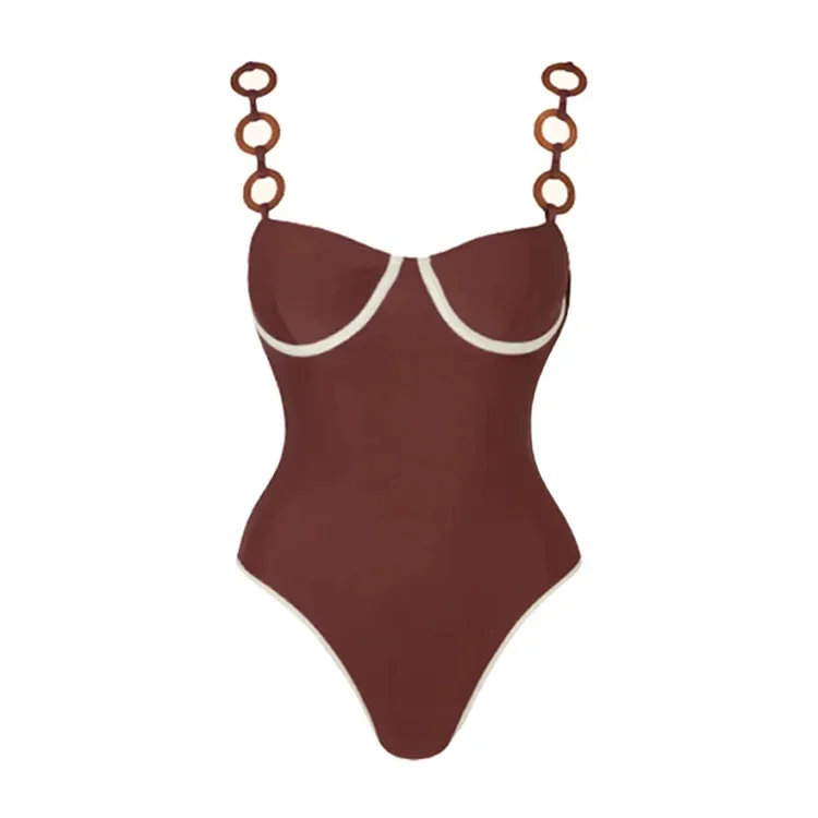 2024 maiô anel decoração marrom uma peça feminina roupa de banho férias beachwear folga atacado