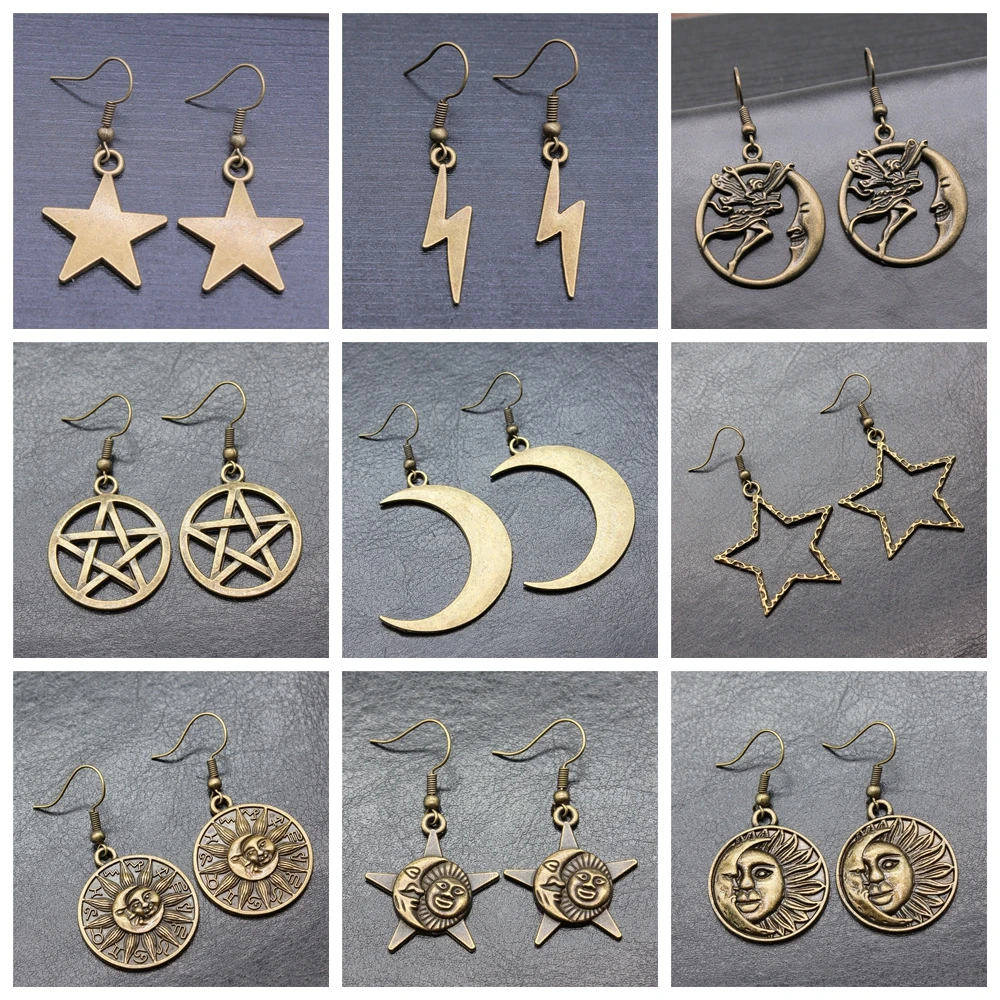 25 styles Vintage Antique Bronze Plated Moon Sun Star Dangle Drop Earrings For Women Inspired Statement Wiccan Jewelry Gift