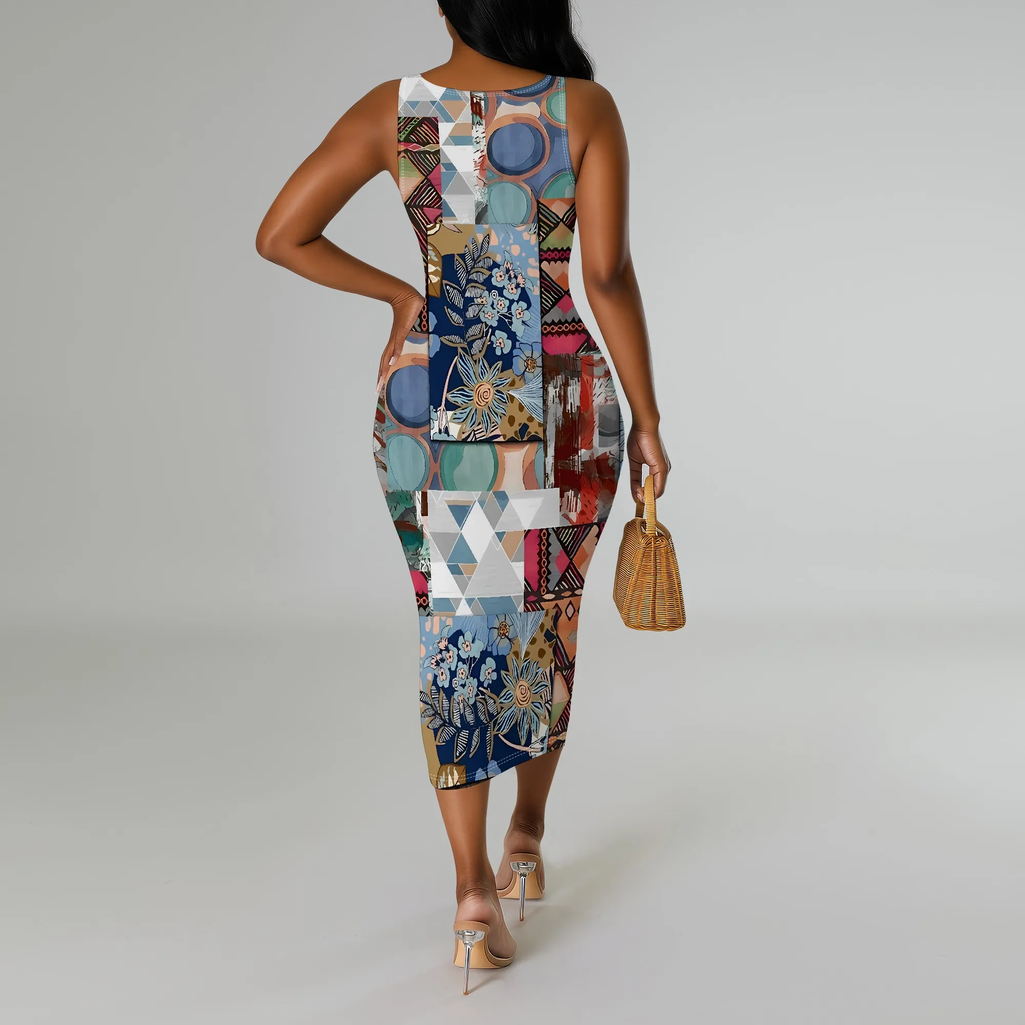 Patchwork Print Bodycon Midi Dress Sleeveless Slim Fit Boho Summer Dress