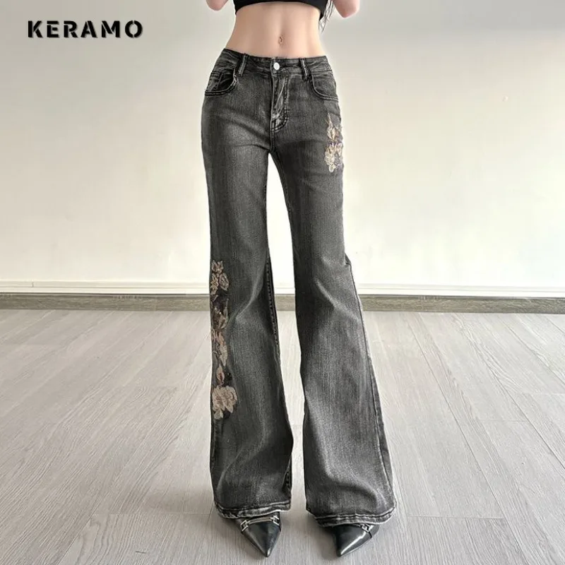 

Vintage Sexy Sheath High Waist Flared Jeans Retro Y2K Female Kpop Hight Street Pants Women Slim Floral Appliques Denim Trouser