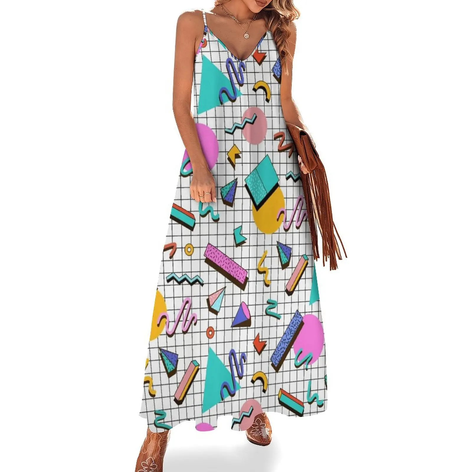 

Funky 80s eighties Memphis Pattern Design Sleeveless Long Dress Clothing female summer dress daily Dress