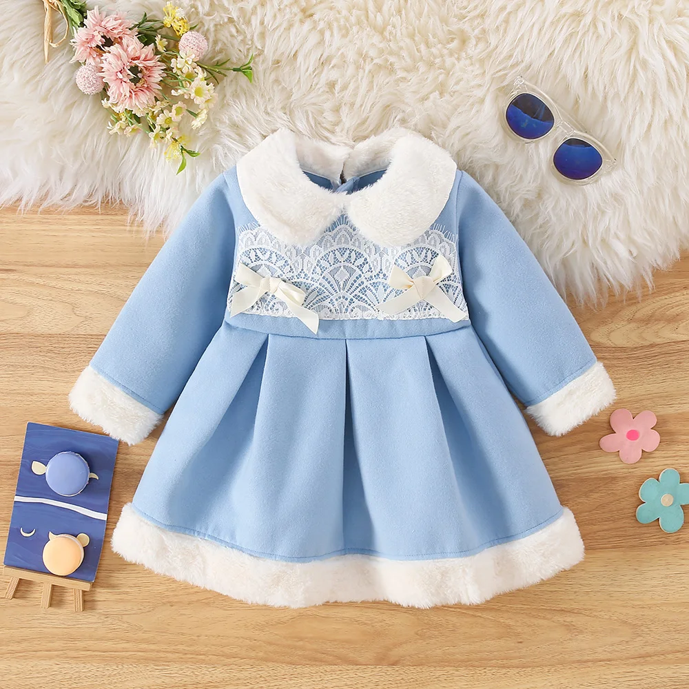 Winter New Girls Dress Birthday Party Dress Furry Lace Bow Ribbon Winter New Girls Dress Thick Garden Dress Round Neck Furry Hem