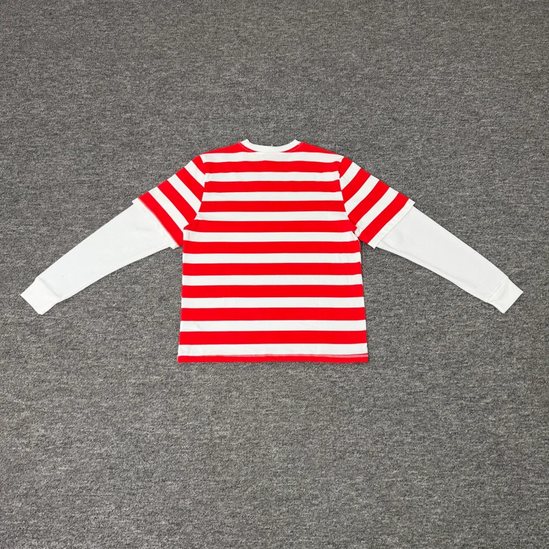 Autumn Men Women Casual Round Neck Cotton Comfortable Protect T-shirt Red White Stripes Fake Two-piece Long Sleeved Shirt
