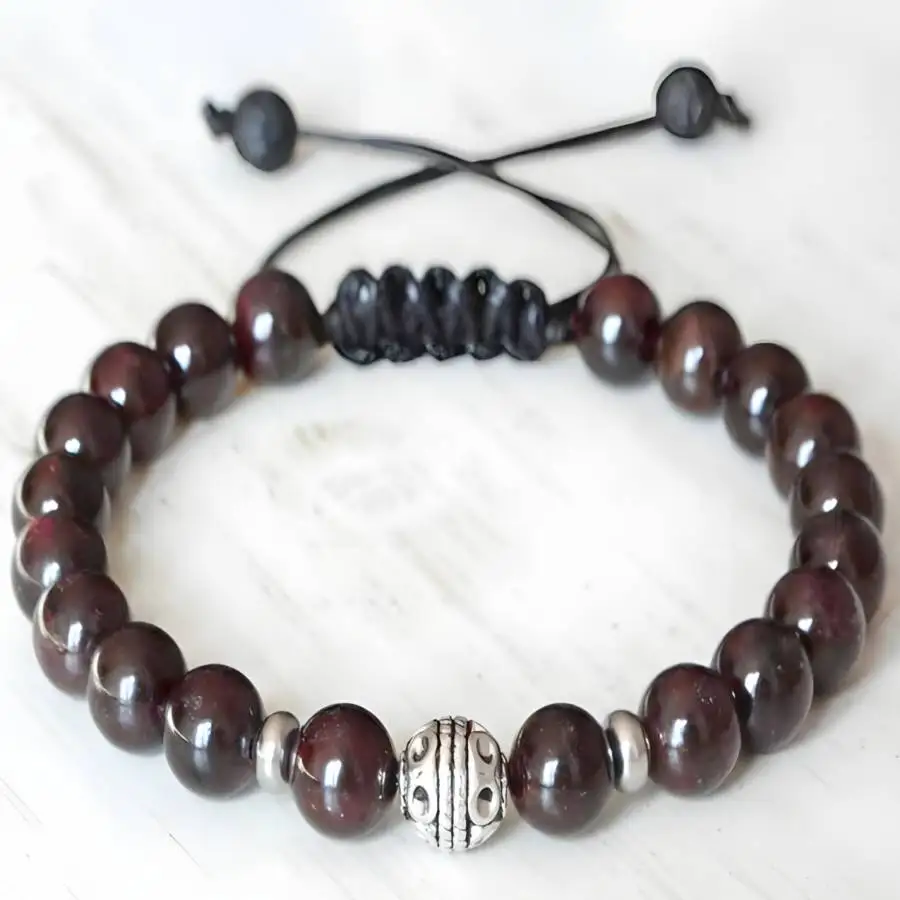 

Natural Red Garnet Beaded Bracelet with Silver Accents Adjustable Black Cord Vitality & Root Chakra Healing Crystal Jewelry
