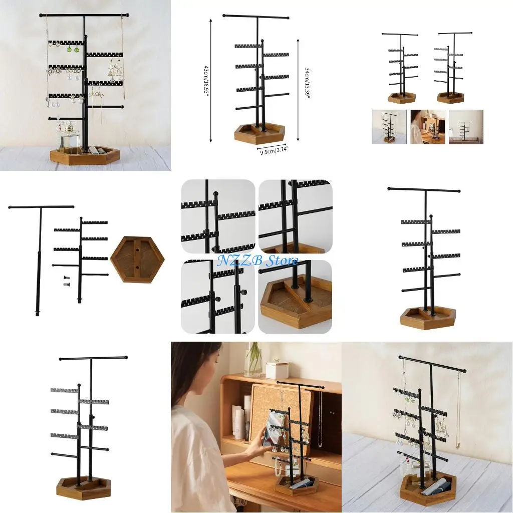 

T21F 5-Tiers Necklace Holder with Wooden Tray Storage Display for Bracelets Jewelry