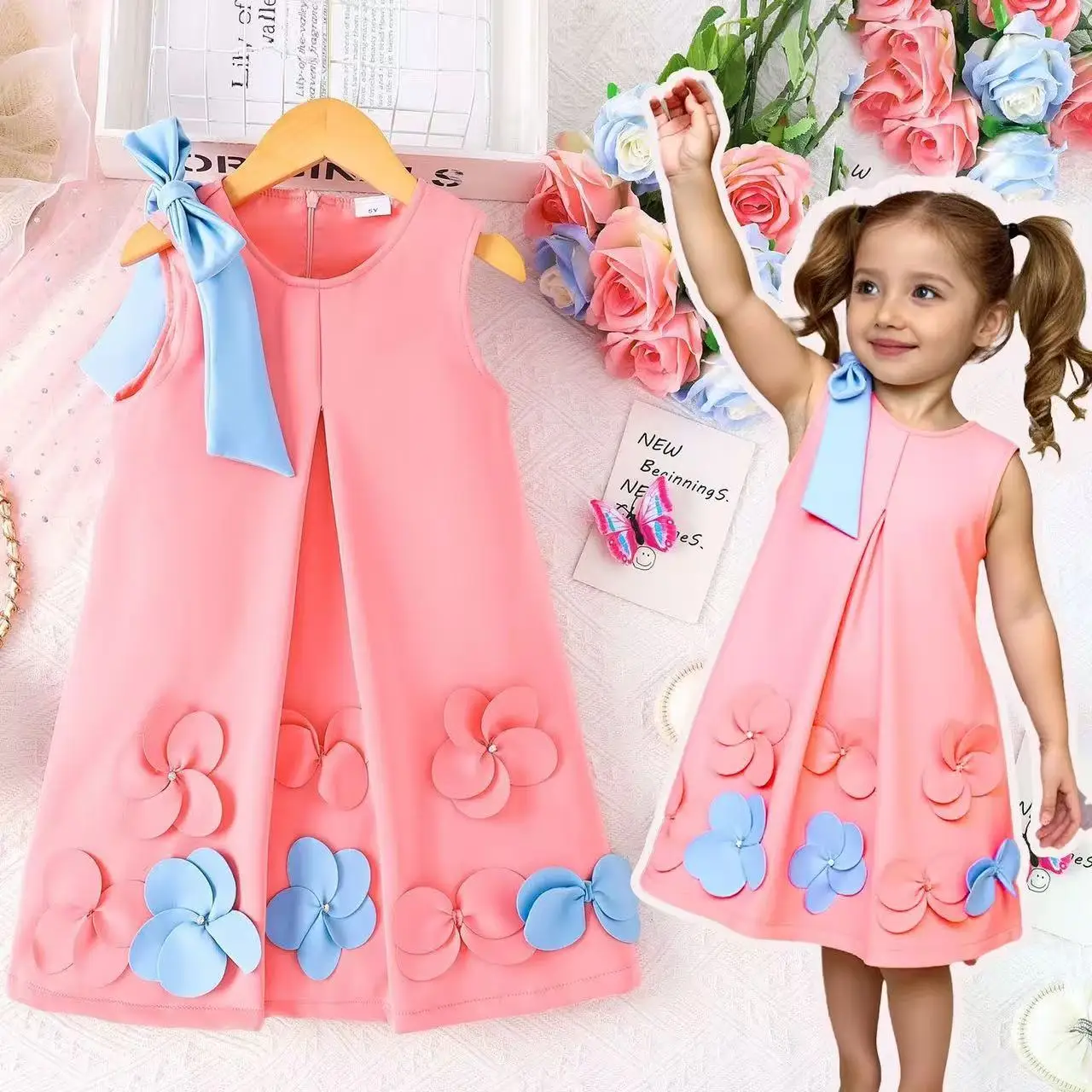 

Europe United States style Summer Girls Middle School Bow Shawl Flowers SleevelesThree-Dimensional A-line Dresses