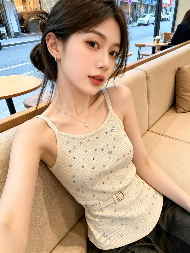 

Heavy-Embroidered Diamond Knitted Strap Vest Women's Summer High-End Sensation Inner And Outer Wear Top Self-Kept Style