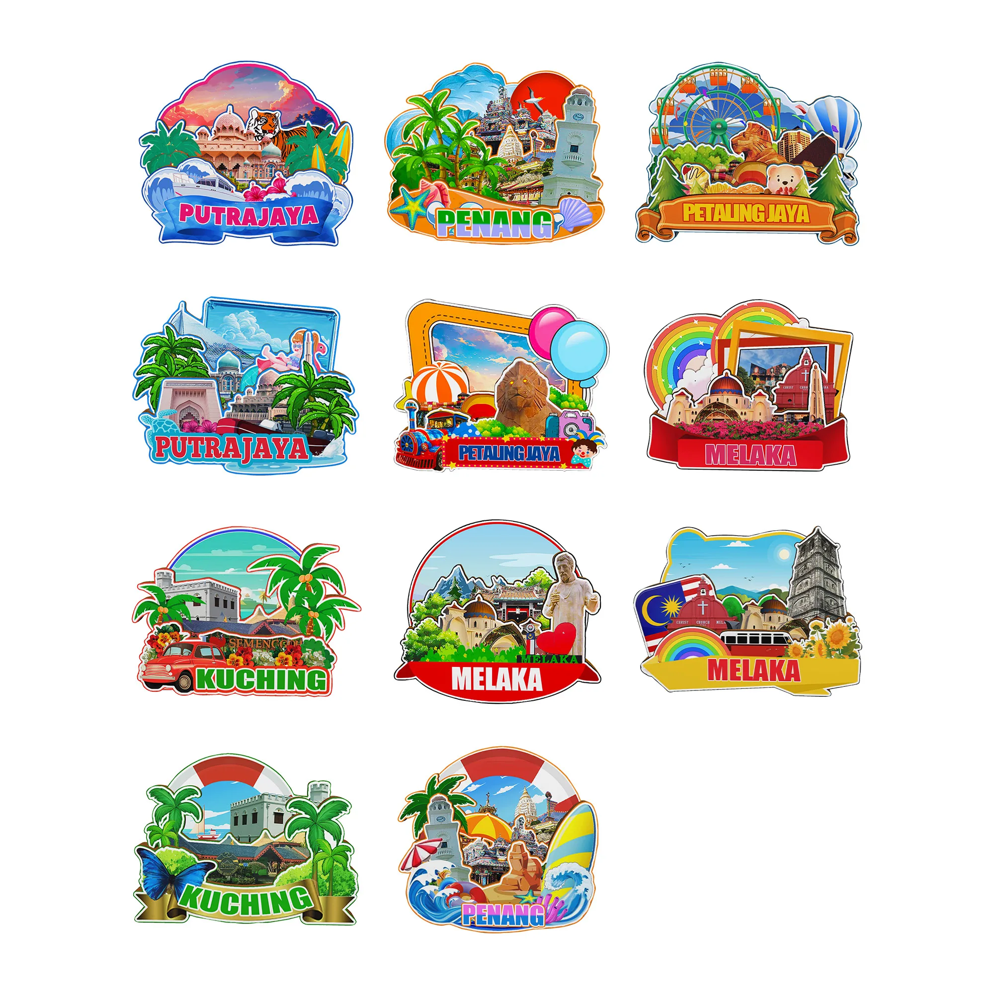 Imanes decorativos para Melaka Petaling Jaya Kuching Putrajaya Malasia ciudad punto de referencia recuerdos de viaje nevera Stiker regalos