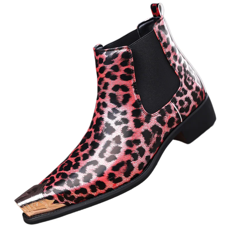 

New Men's Animal Fashion Print Chelsea Boots - Bling Pattern Ankle Boots with Metallic Toe & Elastic Side Gore for Street Style