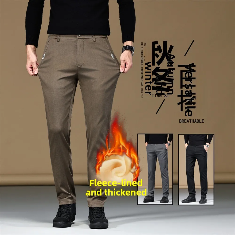 

Men's Fce Lined Straight Leg Casual Pants Elastic Warm Busin Casual Trousers Faionable Slim Fit Autumn Winter Long Pants