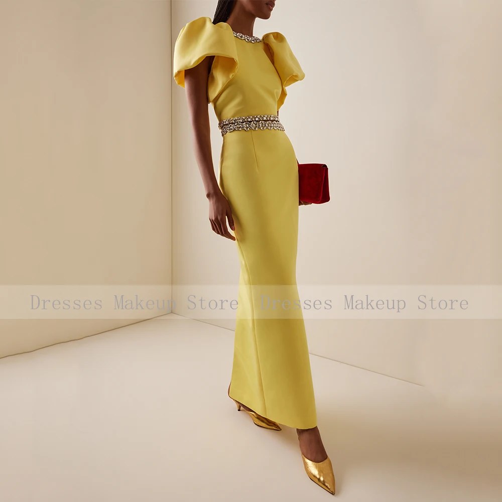 Customized Modern Cocktail Dress Maxi 2 Pieces Crystal O Neck Yellow Prom Gowns for Women Puff Sleeves Column Formal Party Dress image 4