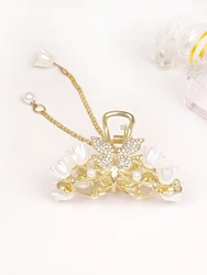 1Pcs Gold Color Vintage Flower Hair Claw Clips,with Tassel Metal Pearl Nonslip Clamps,Plate Hair Shark Clip for Thick Thin Hair