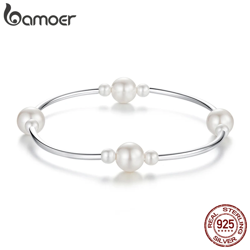BAMOER 925 Sterling Silver Pearl Bracelet for Women, Dainty Adjustable Chain Pearl Bracelet BSB203