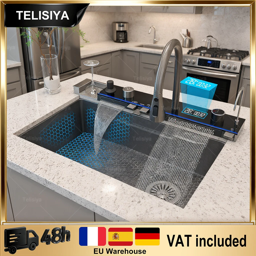 

Multifunctional Kitchen Sinks New Stainless Steel Waterfall Kitchen Sink Embossed Digital Display Large Single Slot EU warehouse