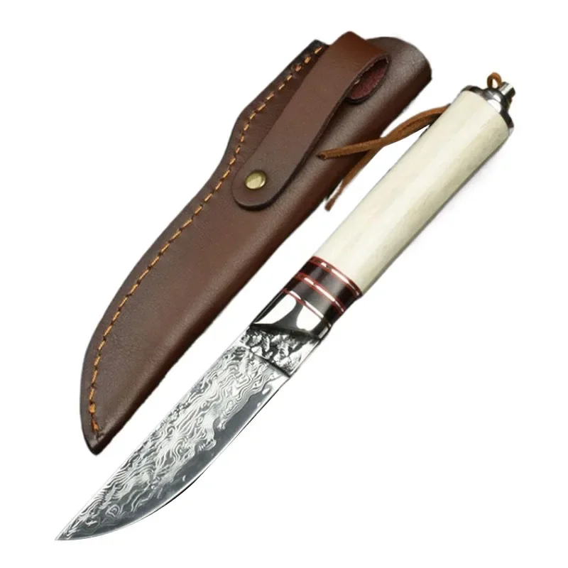 67 Layers Damascus Steel Outdoor Camping Fixed Blade Knife Beef Bone Handle Hunting Tactical Knife Military Gift For Men