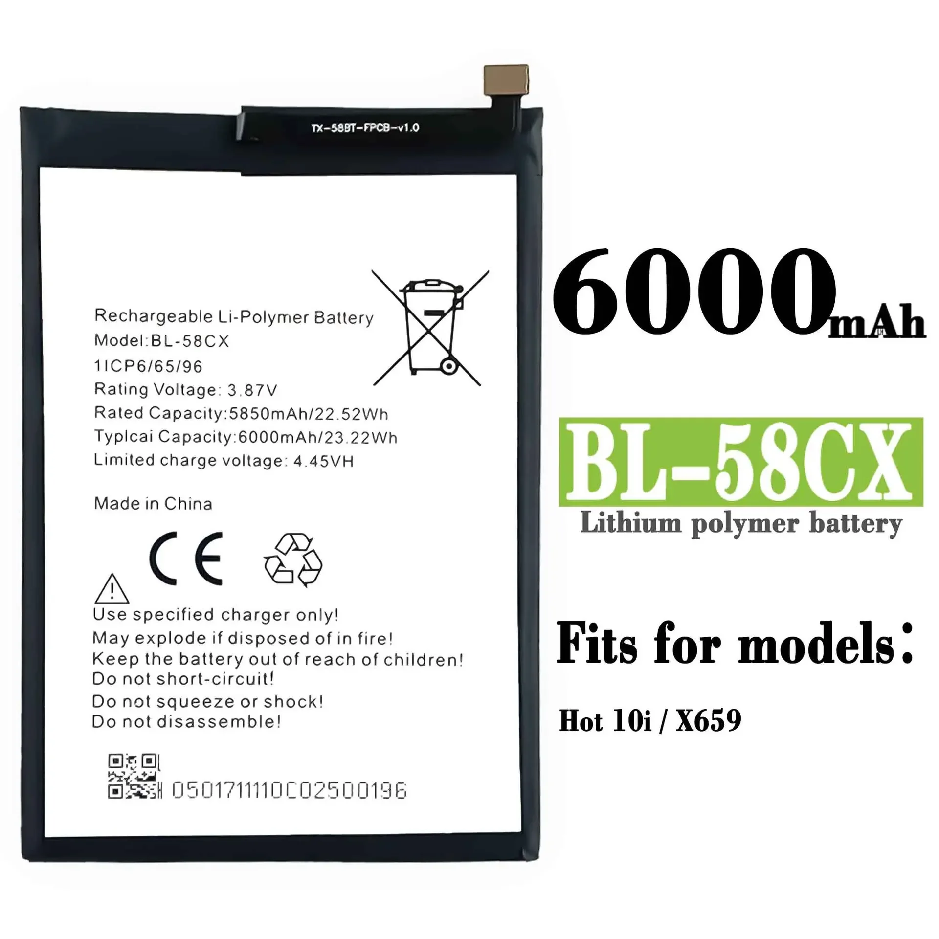 

High Quality Replacement Battery For Infinix X659 Hot 10i X659B Mobile Phone BL-58CX 6000mAh Built-in New Battery