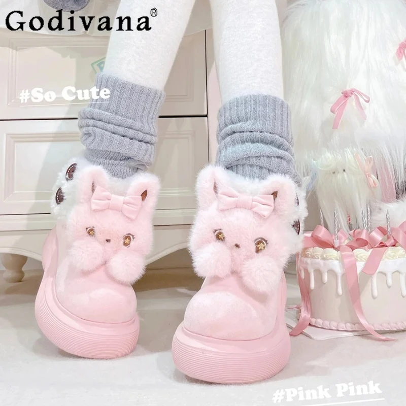 

Original 2025 Winter Girls Lolita Fleece Warm Snow Boots Sweet Cartoon Plush Warm Short Boots Women's Cute Suede Ankle Boots
