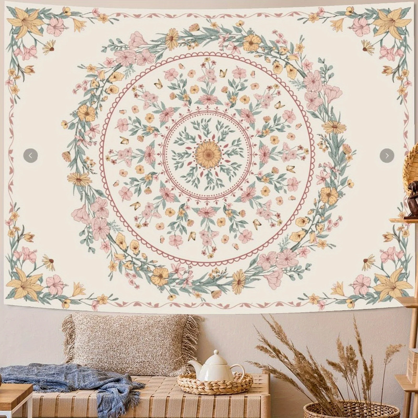 Boho Floral Mandala Tapestry For Bedroom Aesthetic Bohemian Flower Wall Tapestry Beige Hippie Indian Small Tapestries Wall Hangi