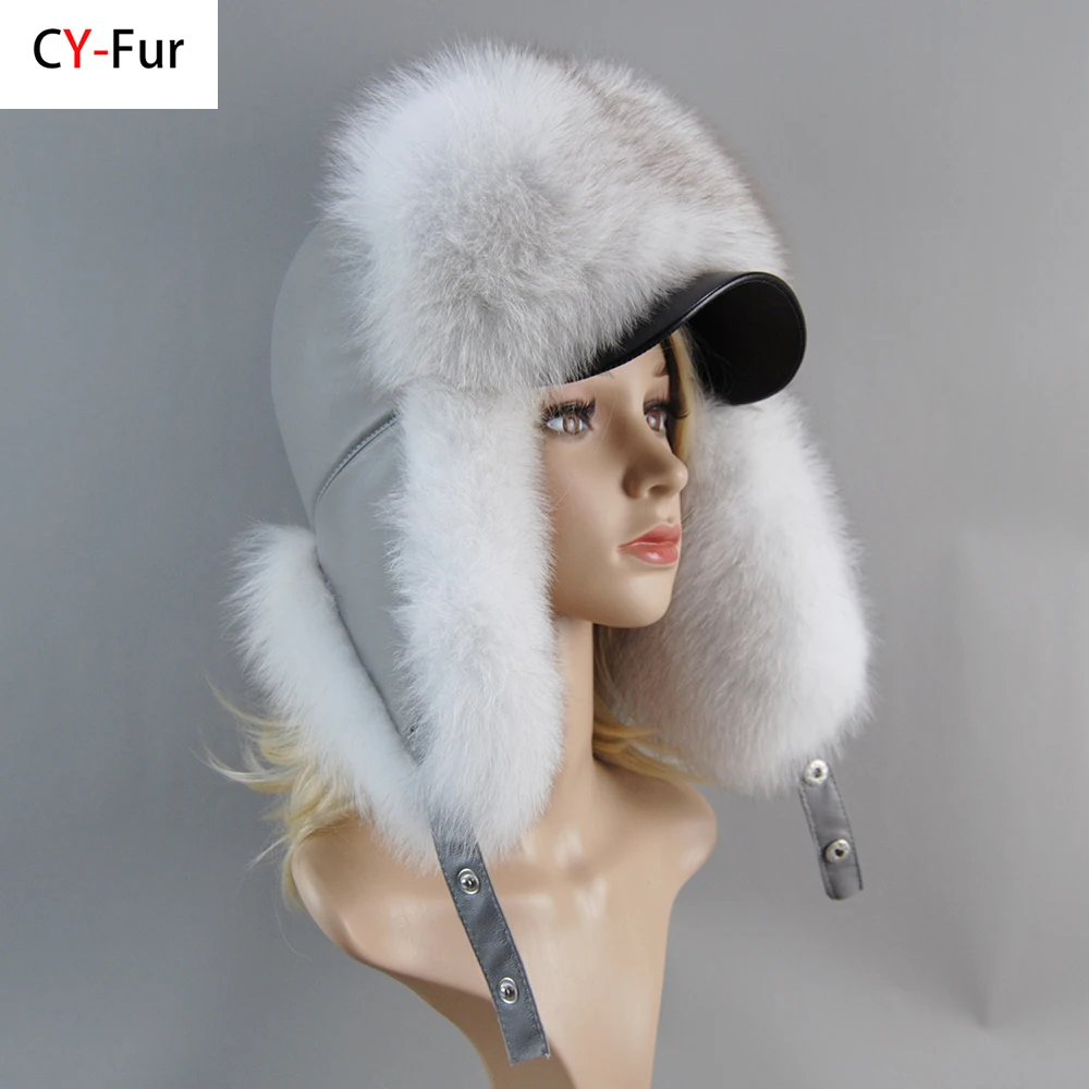 Genuine Silver Fox Fur Hat with Ear Flaps Real Natural Fur Caps for Russian Women Bomber Hats Trapper Cap with Real Leather Top