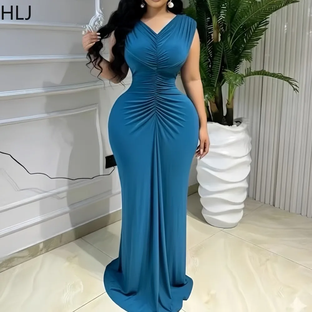 

HLJ Sexy Solid Color Bodycon Dresses for Woman V Collar Ruched Patchwork Dress Elegant Female Streetwear Vestidos Spring New