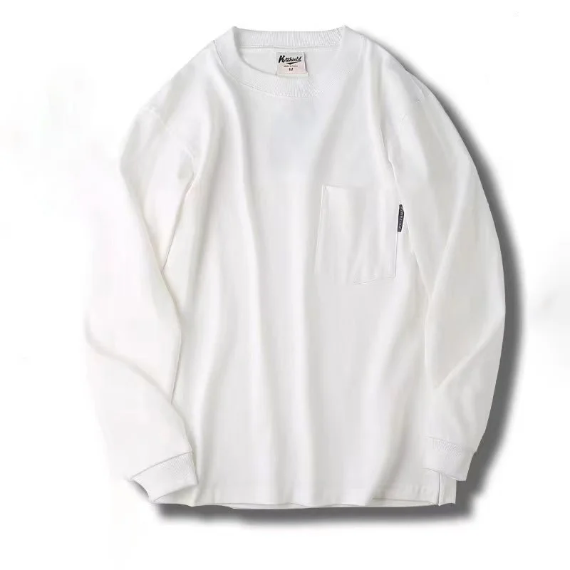 Japanese-style Basic Pocket Long-sleeved T-shirt for Men New Loose 100% Cotton Pullover Tops Spring Autumn Couple's Base Shirts