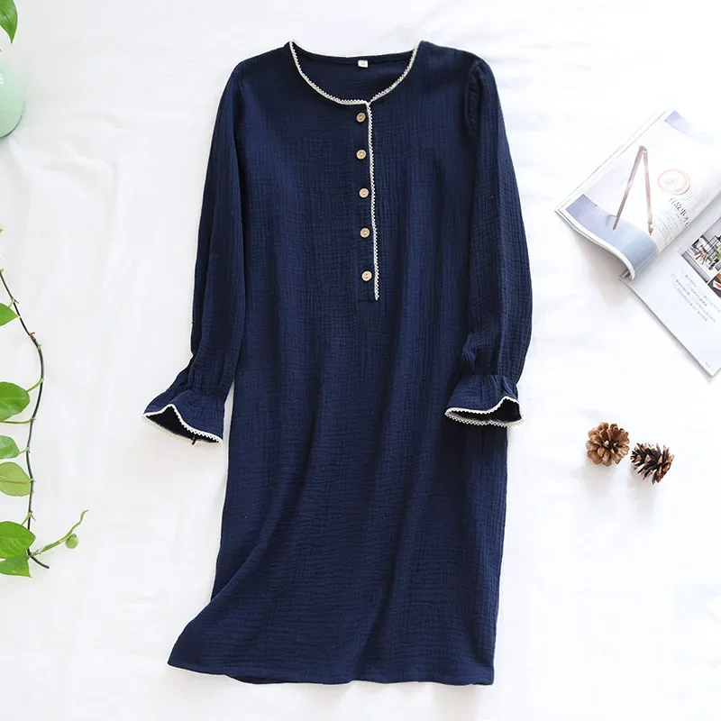 Ladies Pure Cotton Night Dress Women Sleepwear Spring Summer Thin Long-sleeved Double-layer Gauze White Blue Casual Home Wear image 3
