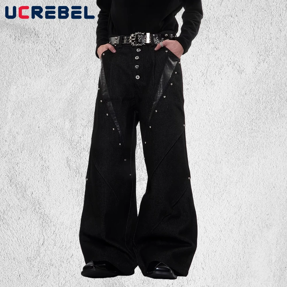 

Мужские джинсы из искусственной кожи с вставками, плиссированные, в стиле ретро, с накладными карманами, широкие прямые брюки-багги для мужчин