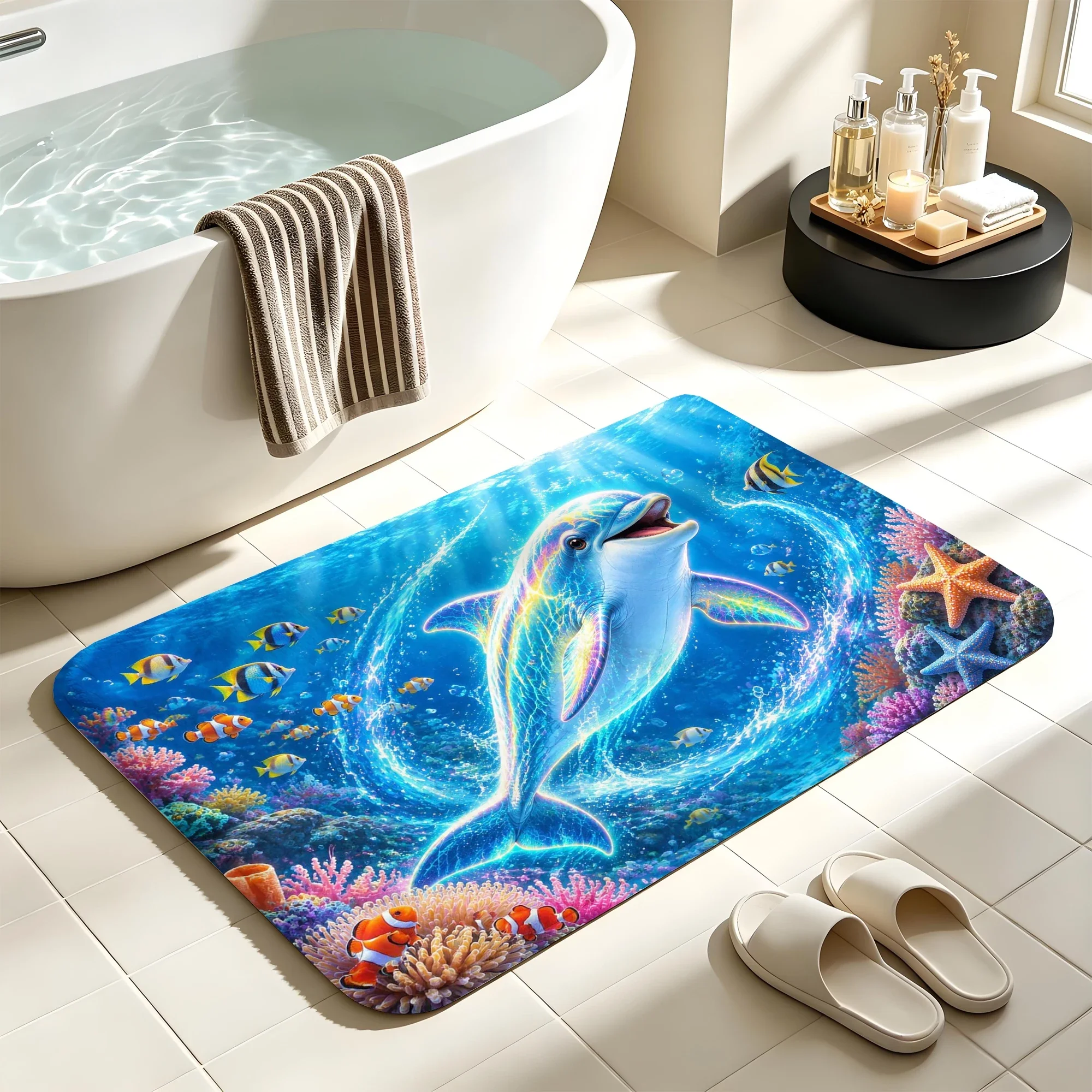 Blue Dolphin Bath Mat Water Absorbent Quick Dry Anti-Slip Shower Rug Floor Carpet for Bathroom Home Decor