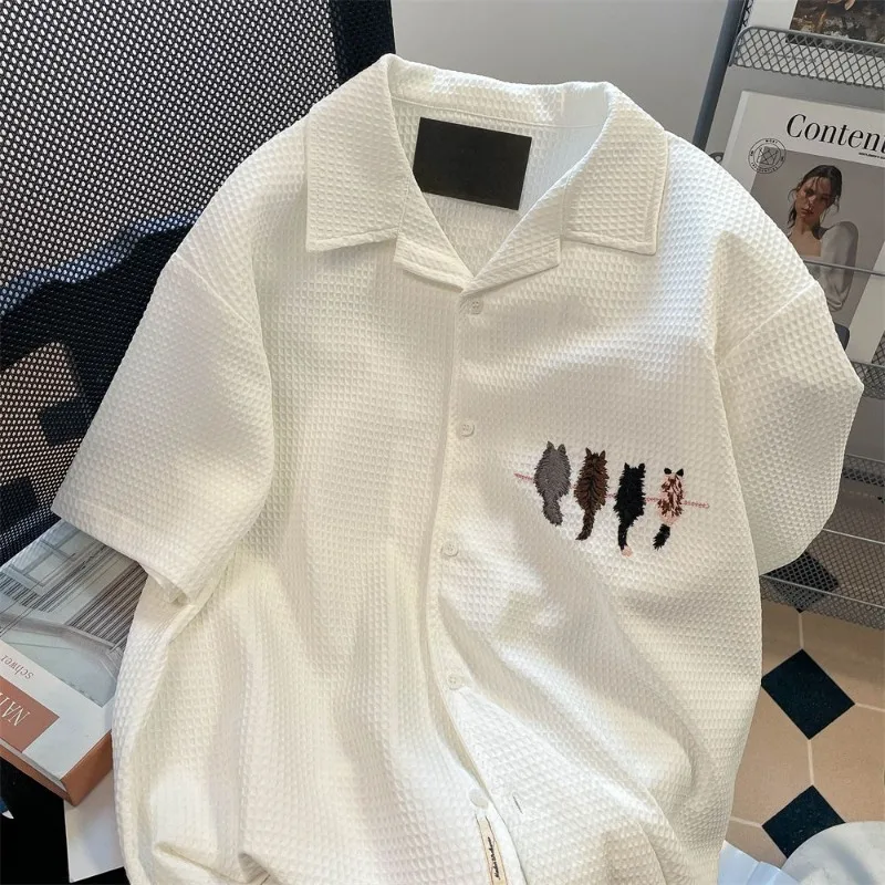 XEJ-Camisa de manga corta con bordado de gato blanco para mujer, blusa elegante y juvenil, Top de verano, 2024