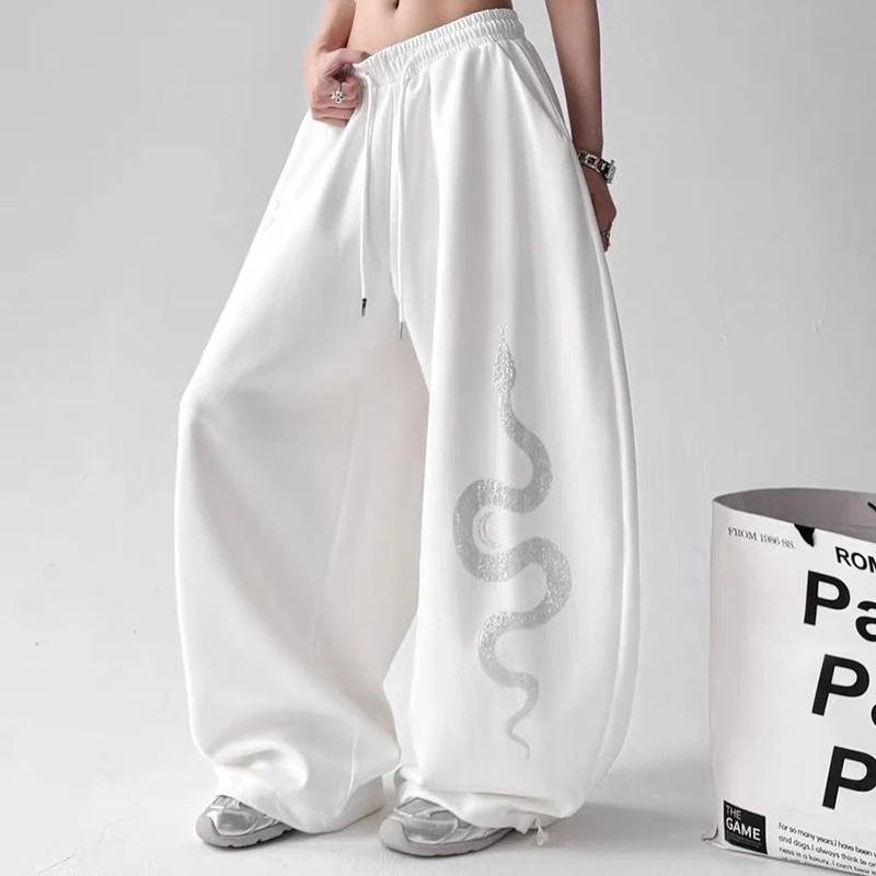 Calça de moletom feminina vintage americana, calça de perna larga com estampa de cobra, solta, casual, preguiçosa, jazz, hiphop, dança, harajuku y2k