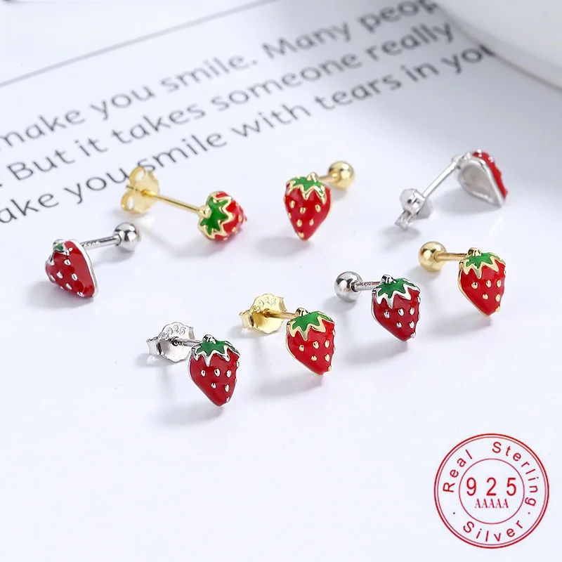 

Серьги-гвоздики из стерлингового серебра 925 пробы с клубникой - милые эмалированные украшения с фруктами для женщин и девочек, подарок