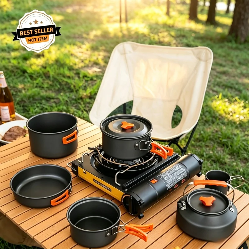 10Pcs Ultralight Aluminum Camping Cookware Set, Pot & Kettle Kit With Storage Bag for Hiking Picnic Outdoor Cooking