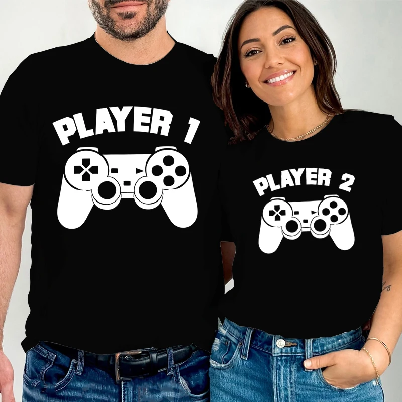 Player 1 Plarer 2 Couples T Shirt Letters Print Game Tshirt Fashion Short Sleeve Honeymoon Wife Husband Lovers Matching Shirt