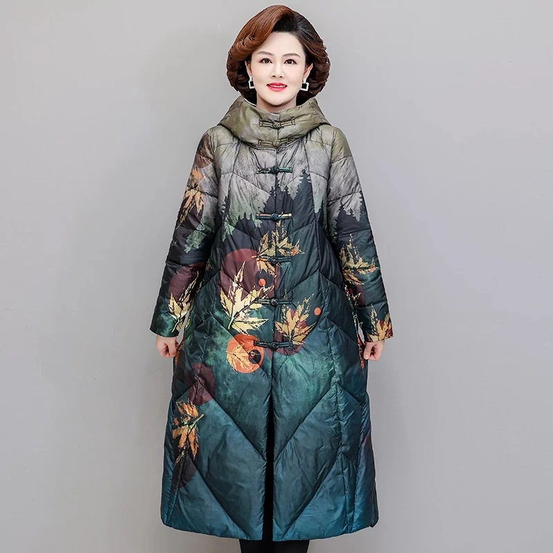 2024 Chinese style Vintage Single Breasted Ultra Light Down X-long Coat Winter Women White Duck Down Jacket Ink Painting Outwear