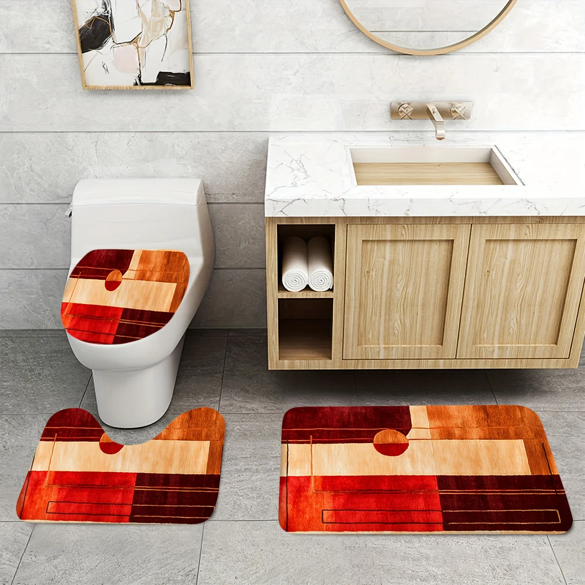 

3pcs Red Orange Yellow Abstract Printed Pattern Bathroom Mat Carpet Set, Toilet Lid Mat, Toilet U-shaped Mat, Flannel Material,