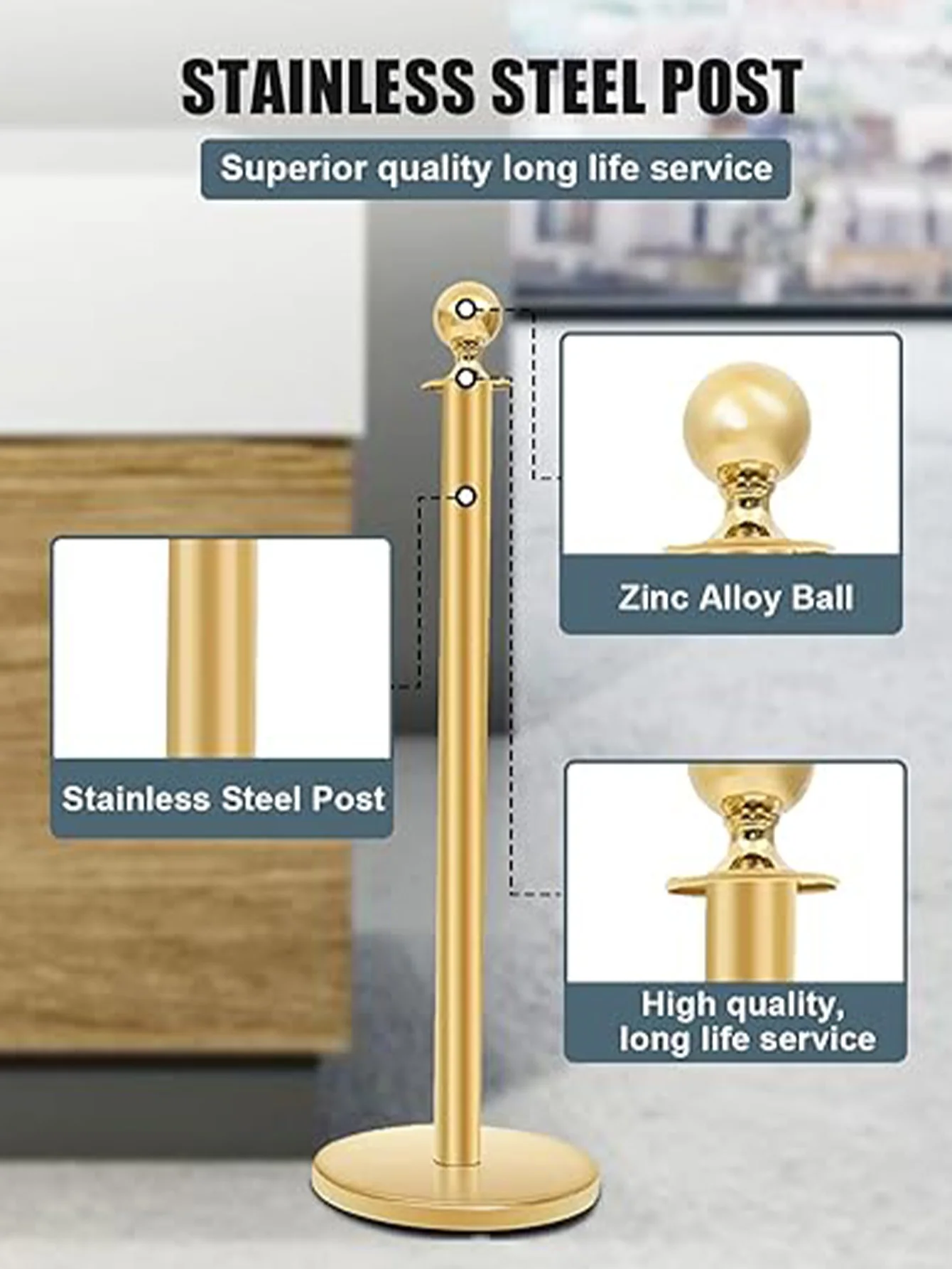 Crowd Control Stanchion, Stanchions Set With 4.8 FT Gold Red Velvet Rope, Crowd Control Barriers, Easy Connect Assembly