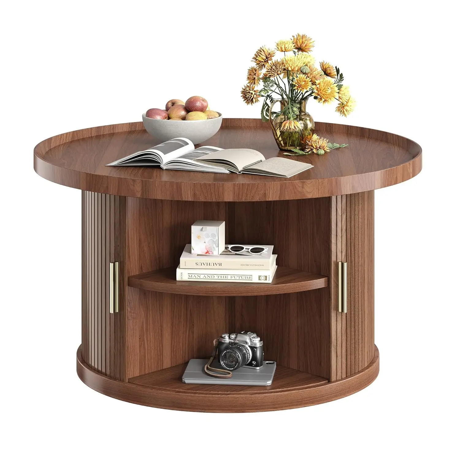 

Coffee Table, 31.5" Round Coffee Table with Storage & Sliding Tambour Door, Fluted Center Table for Living Room, Customized