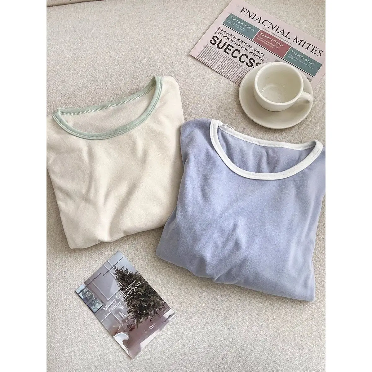 New Creamy Color Block Fleece Self-Heating Long Sleeve round Neck Thickened Winter Base Shirt Versatile T-Shirt Korean Style ...
