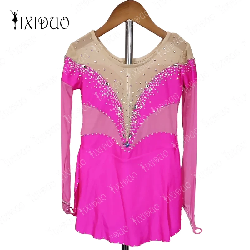 New Woman Figure Skating Dress Customized Competition Pink Ice Skating Skirt for Girl Women Kids Patinaje Gymnastics Performance