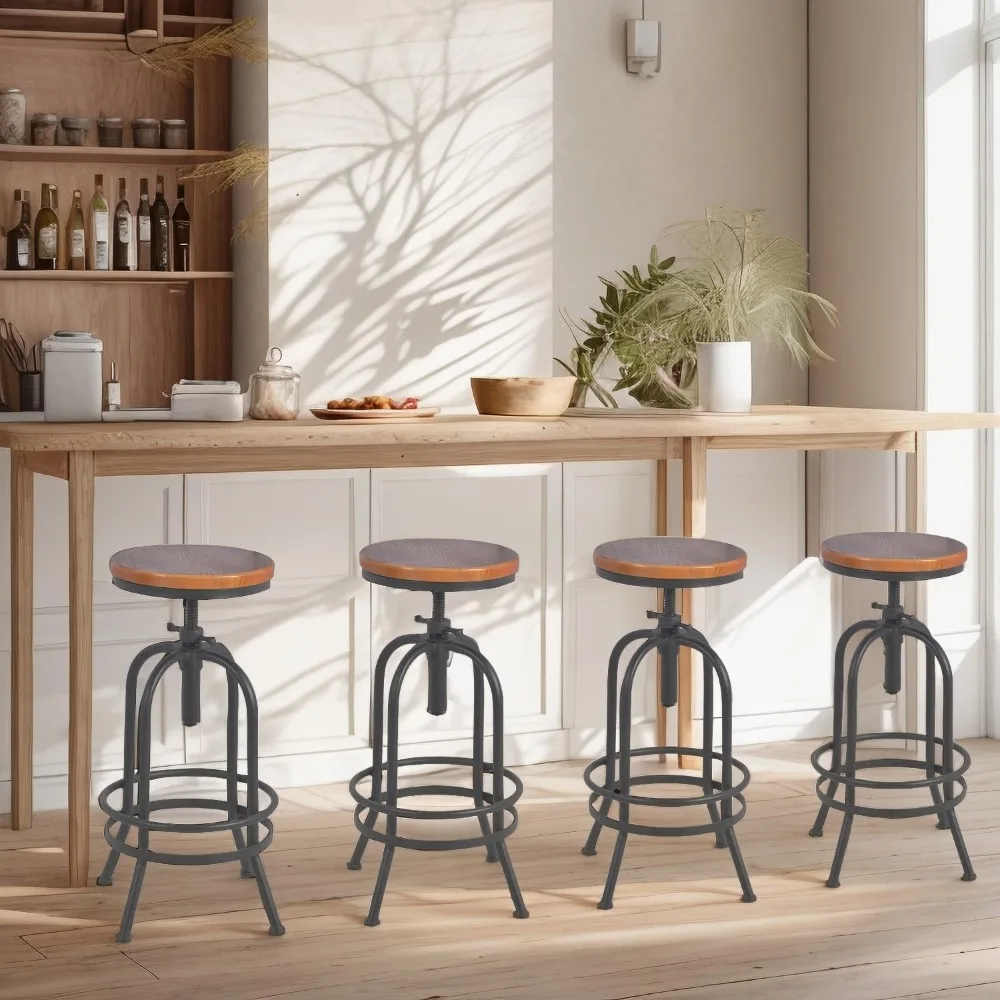 Industrial Style Pair Bar Stools - Retro Adjustable Height 26-32.3 Inches Swivel Seats - Extra Tall Kitchen Counter Chairs - Ful