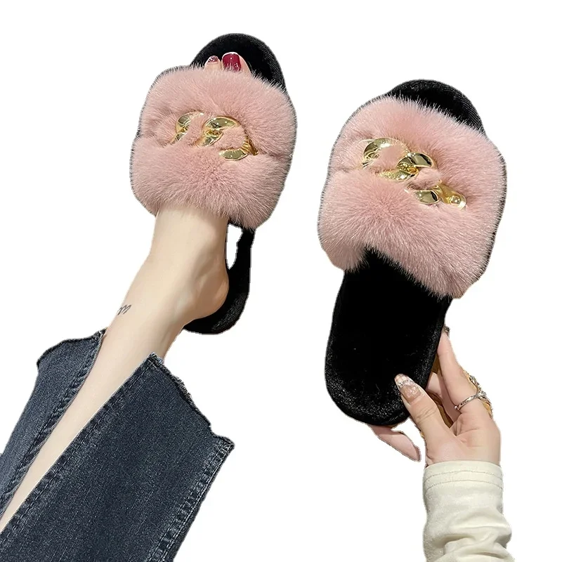 Fashion Chain Design Women Home Slippers Solid Color Open Toe Indoor  Winter Flat Non-slip Leisure Interior Female Shoes 2024