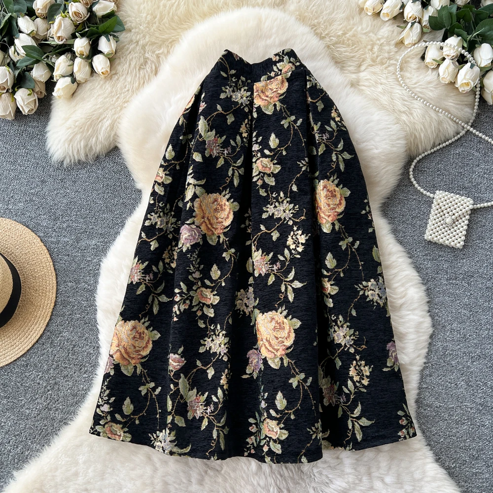 女性シックなジャカードシャーリングセクシーなスカート弾性ハイウエスト韓国ファッション A ライン秋服