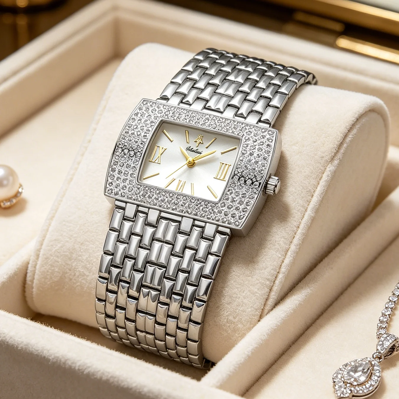 Glam Silver Rectangular Ladies Wristwatch Full Rhinestone Encrusted Case Roman Dial Polished  Link Bracelet Fashion Quartz Watch For Bridal Evening Banquet Occasions